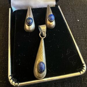 Vintage Blue Stone Teardrop Pendant and Earrings Set